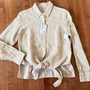 Gorsuch Lino 120 Beige Button-Up Shirt with Tie Front linen NWT